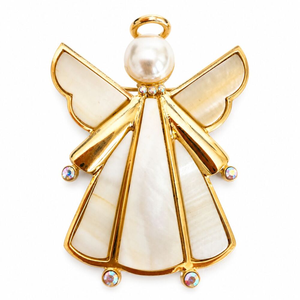 Gold Tone Angel Brooch Mother of Pearl Style Rhinestone Christmas Holiday Pin